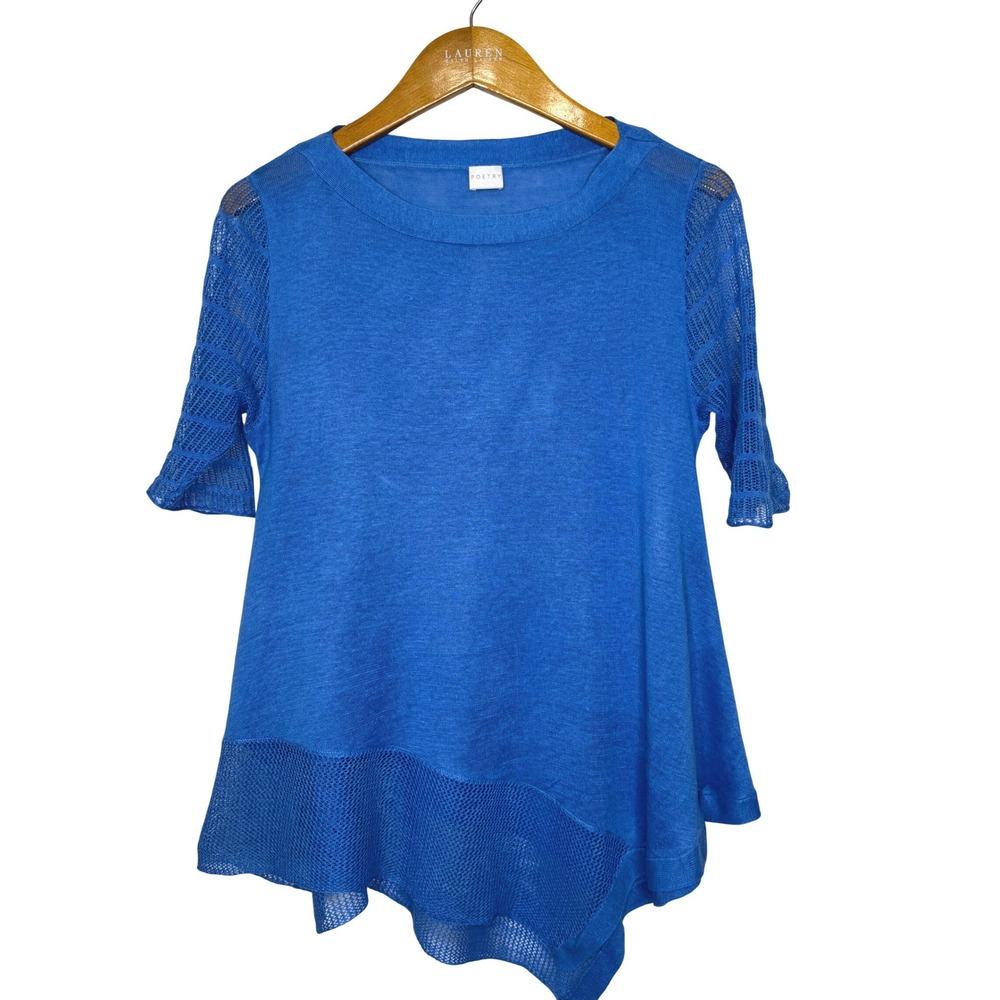 Poetry Linen Top Mesh Sleeves/Hem Blue Size 6